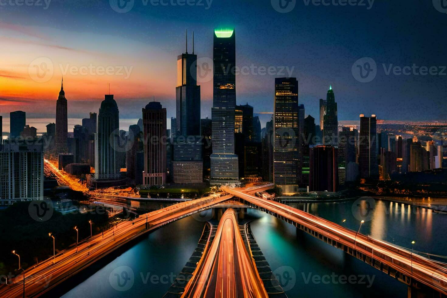 the chicago skyline at dusk with traffic lights. AI-Generated photo