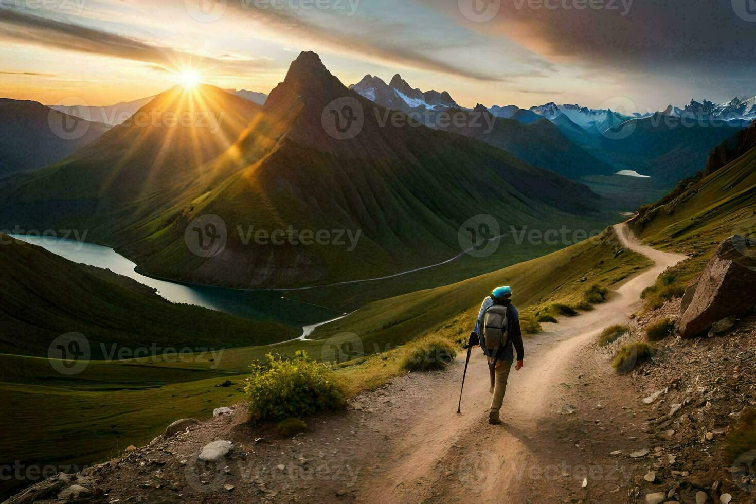 un hombre camina a lo largo un camino en el montañas. generado por ai foto