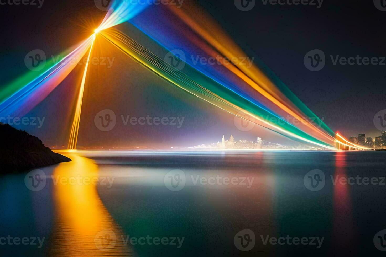 a rainbow bridge is lit up at night. AI-Generated photo