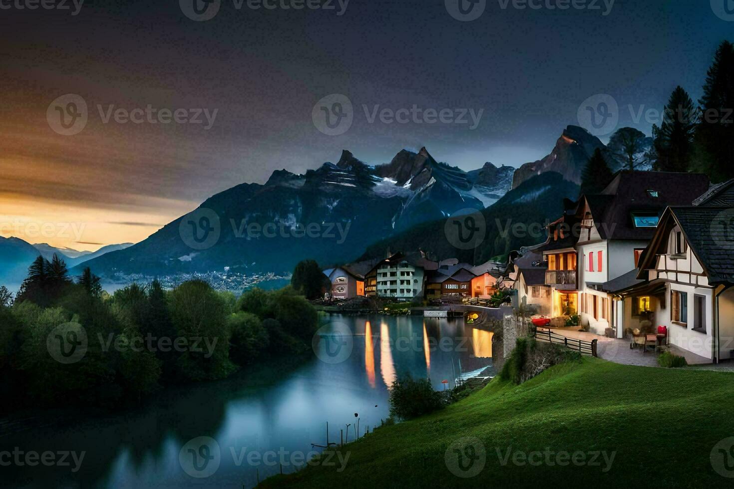 a town in the mountains at sunset. AI-Generated photo