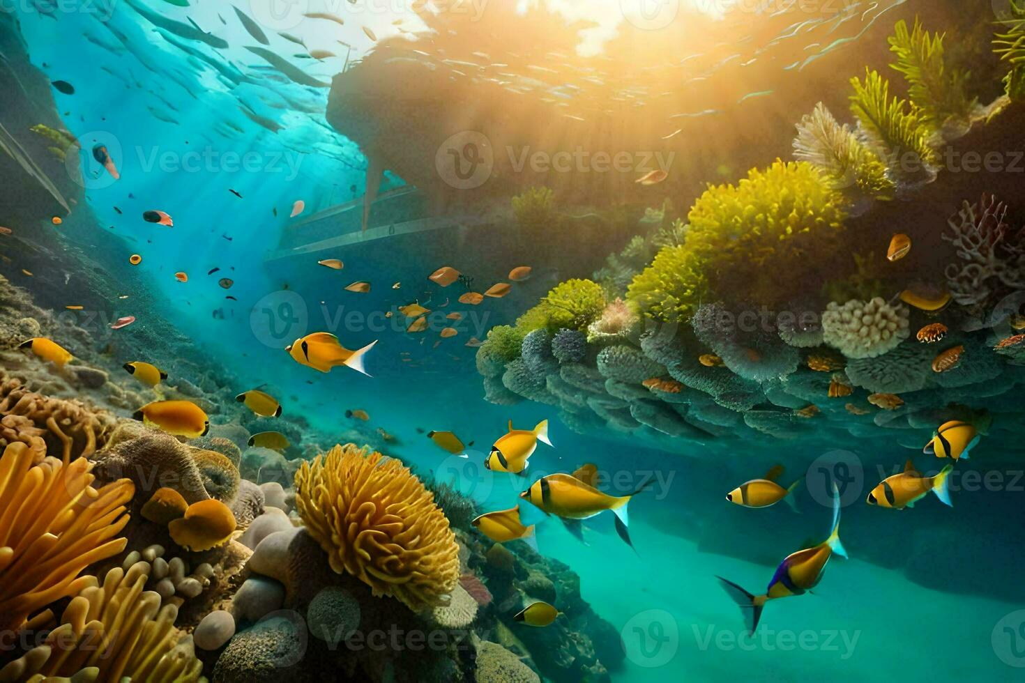 underwater scene with coral reefs and fish. AI-Generated photo
