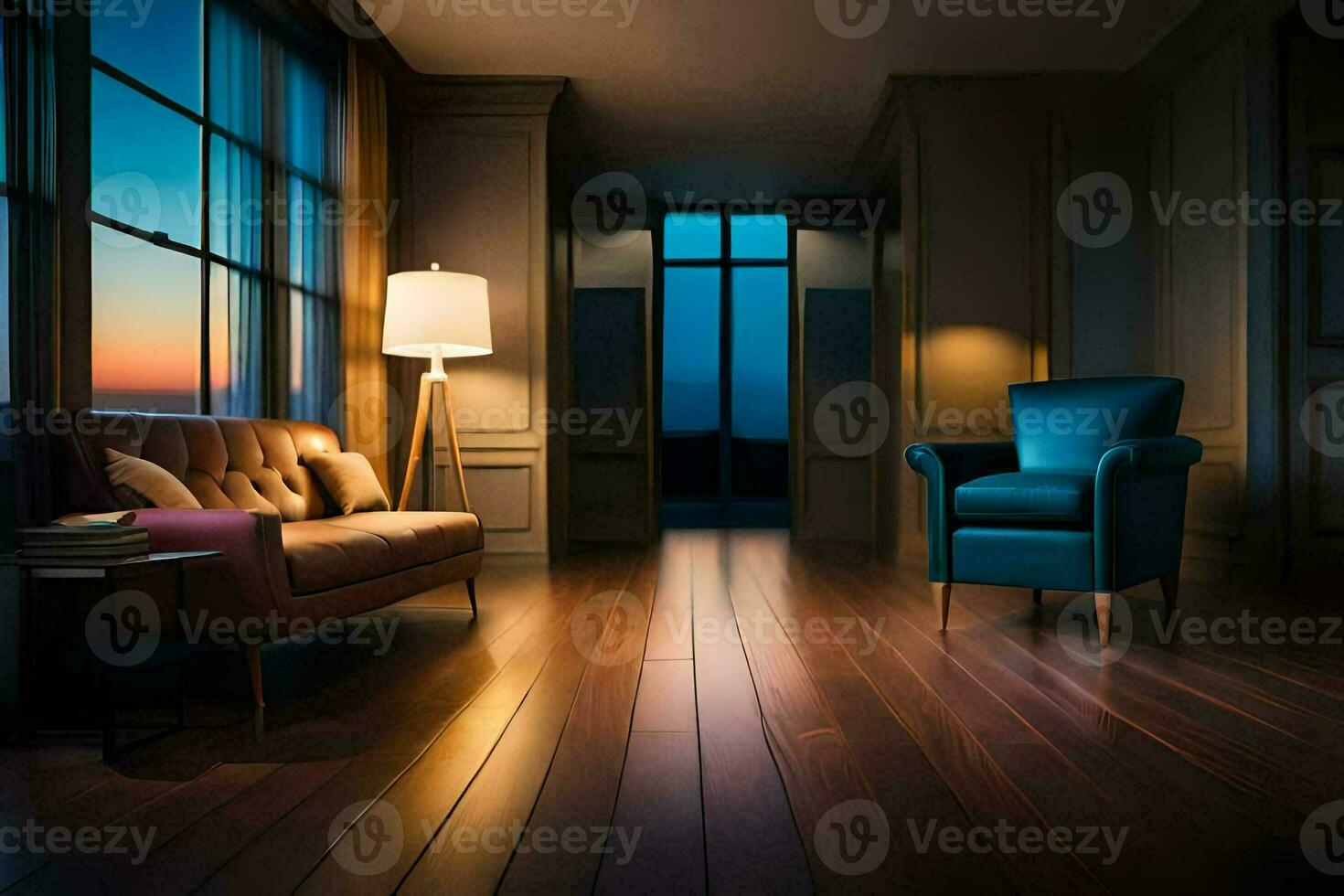 a living room with a blue chair and a lamp. AI-Generated photo