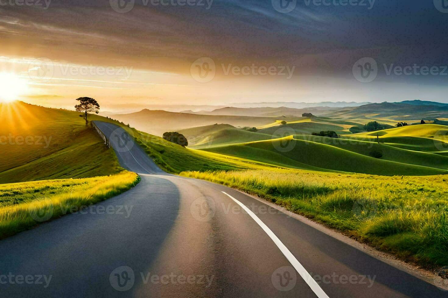 the road to the sunset. AI-Generated photo