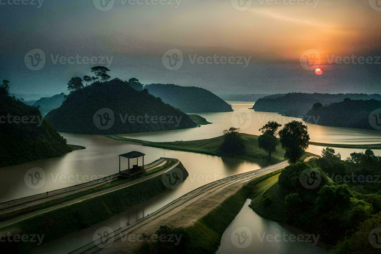 the sun sets over a lake and a bridge. AI-Generated photo