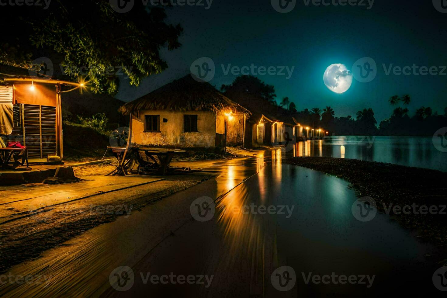foto fondo de pantalla el luna, agua, el noche, el río, el cabaña, el luna,. generado por ai