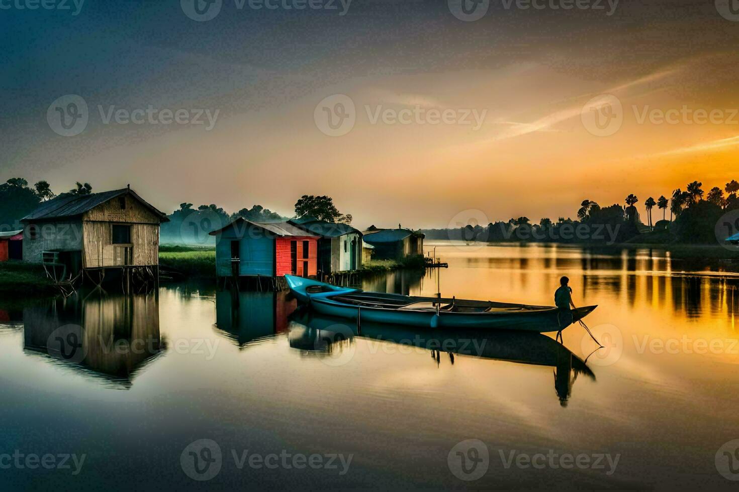 a boat sits on the water in front of a small house. AI-Generated photo