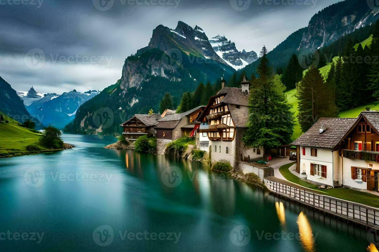 photo wallpaper mountains, house, lake, house, the mountains, house, the mountains, house. AI-Generated