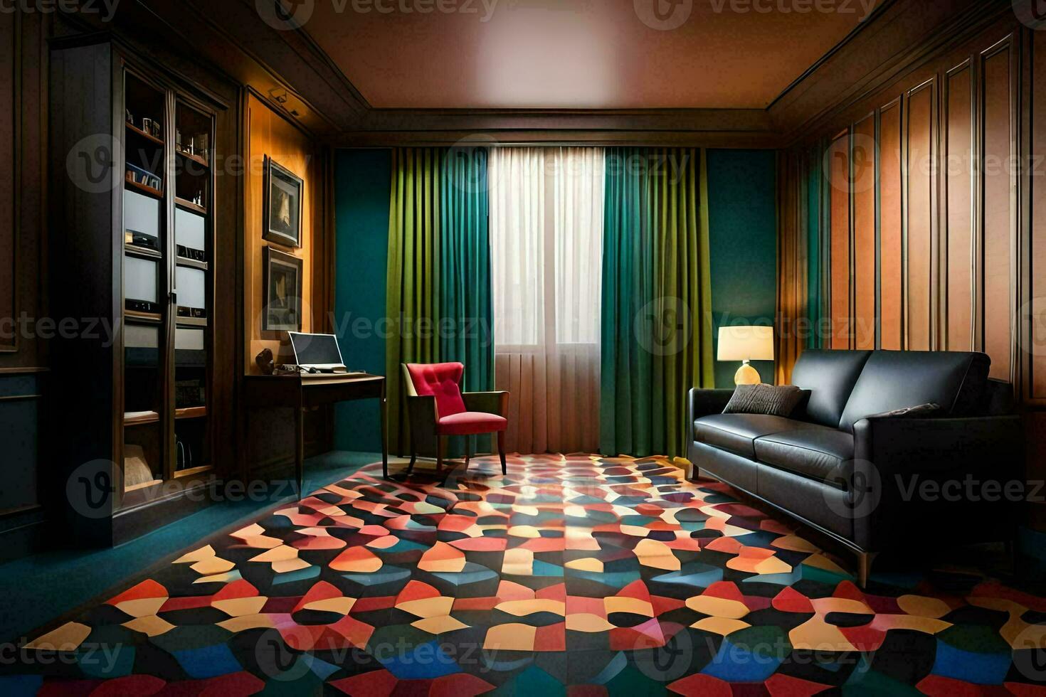 a room with colorful carpeting and a black couch. AI-Generated photo