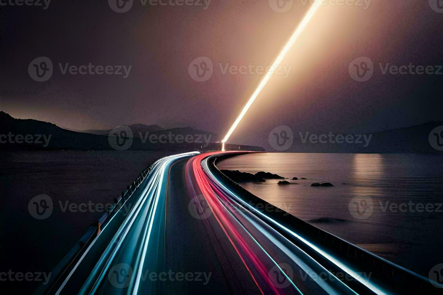 a long exposure photo of a light beam traveling down a highway. AI-Generated