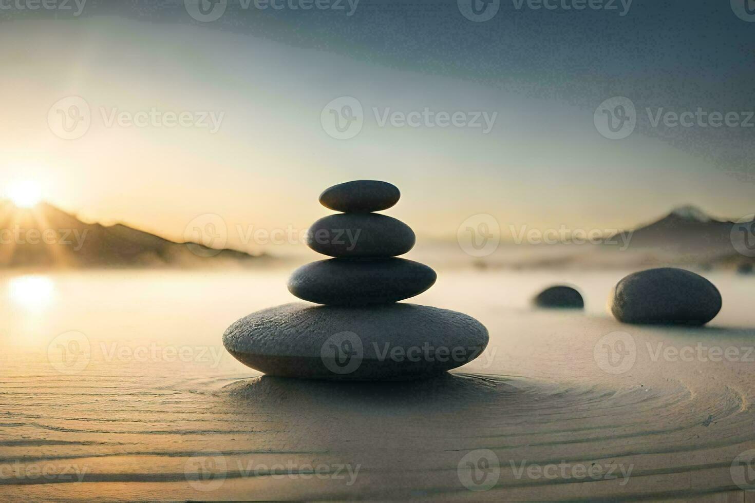 a stack of stones in the sand at sunset. AI-Generated photo