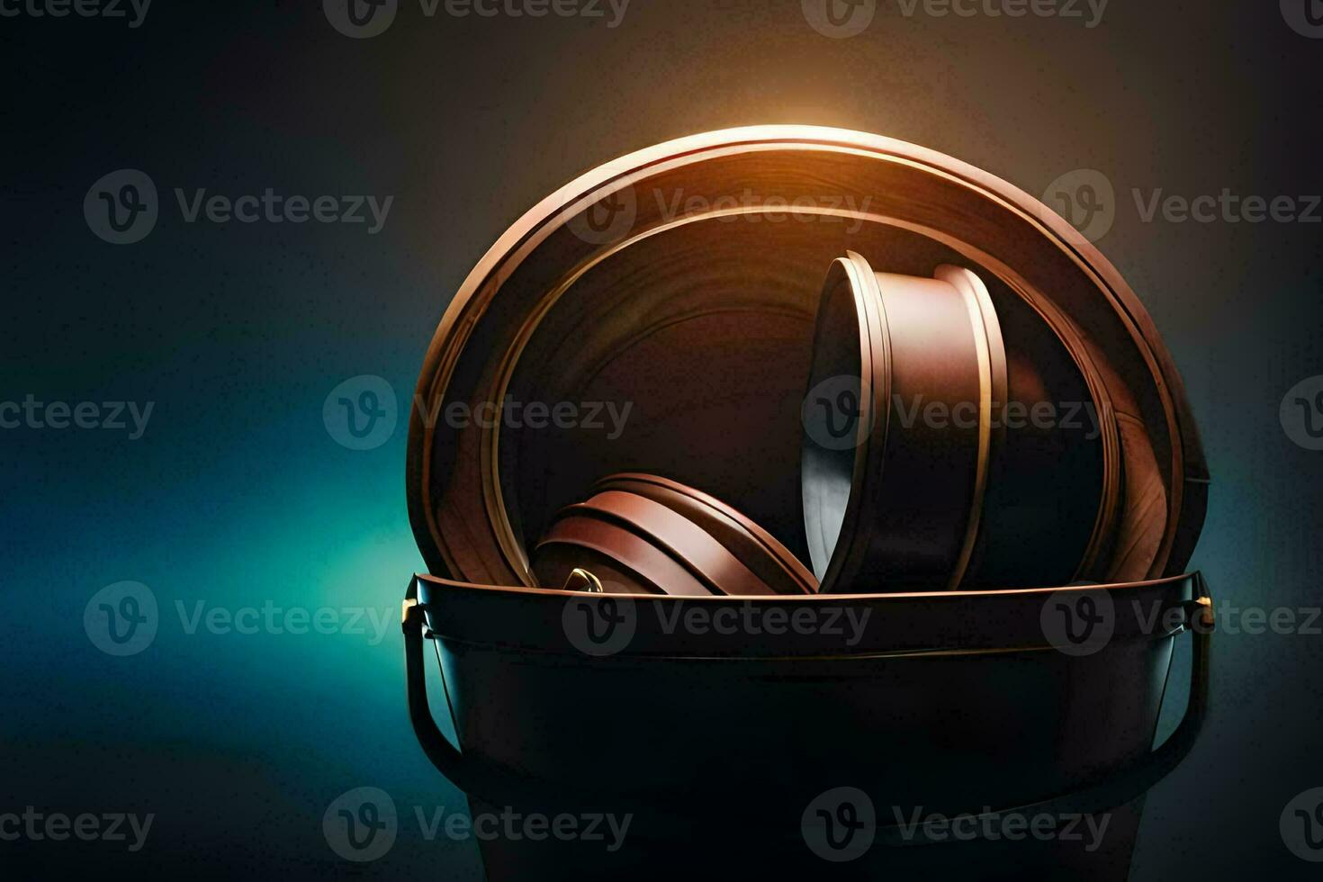 a bucket with a pair of headphones inside. AI-Generated photo