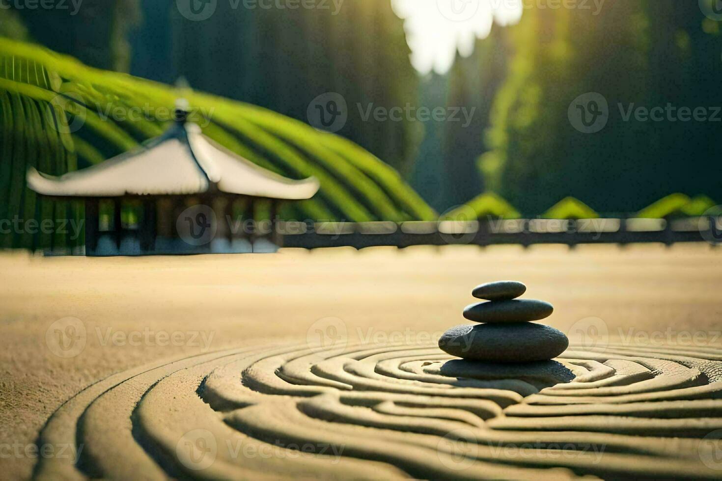 a zen garden with a stone circle in the middle. AI-Generated photo