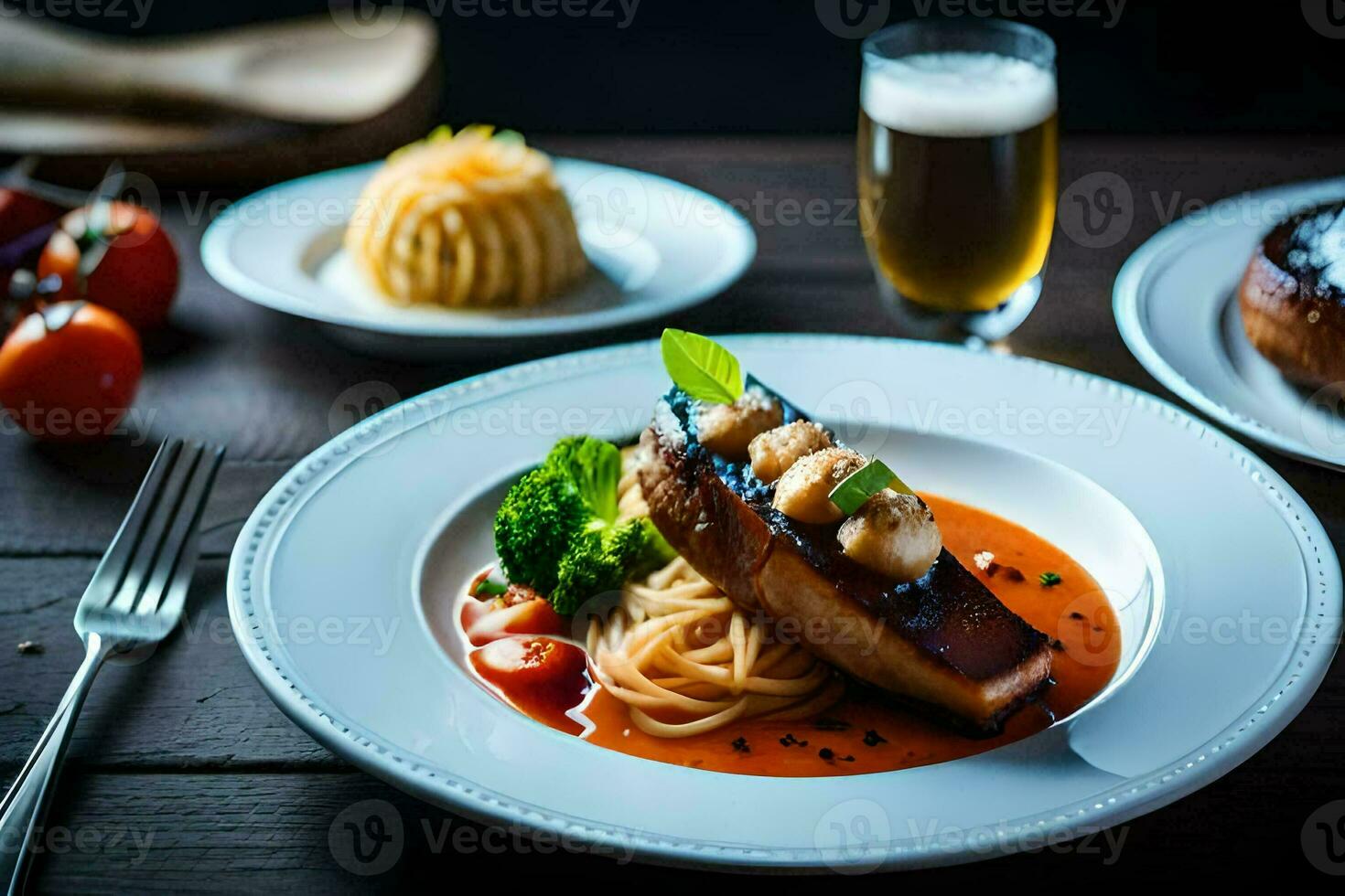 a plate of food with meat and vegetables. AI-Generated photo