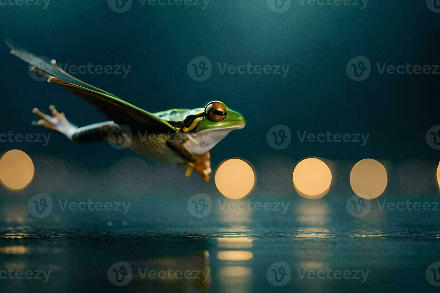 a frog flying through the air with lights in the background. AI-Generated photo