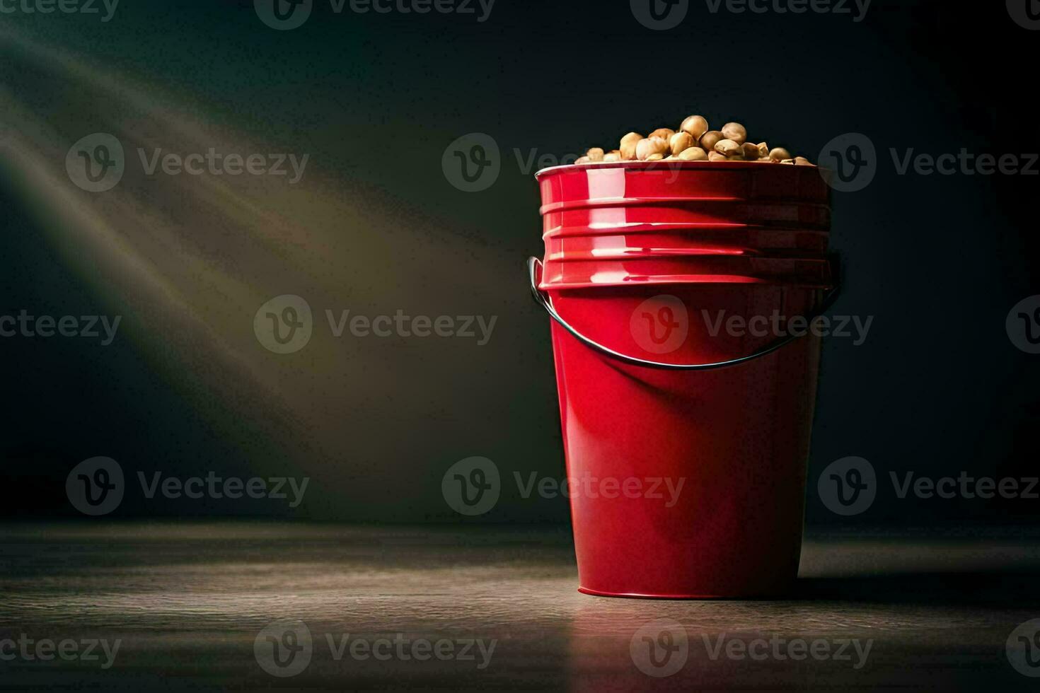 a red bucket filled with peanuts on a dark table. AI-Generated photo