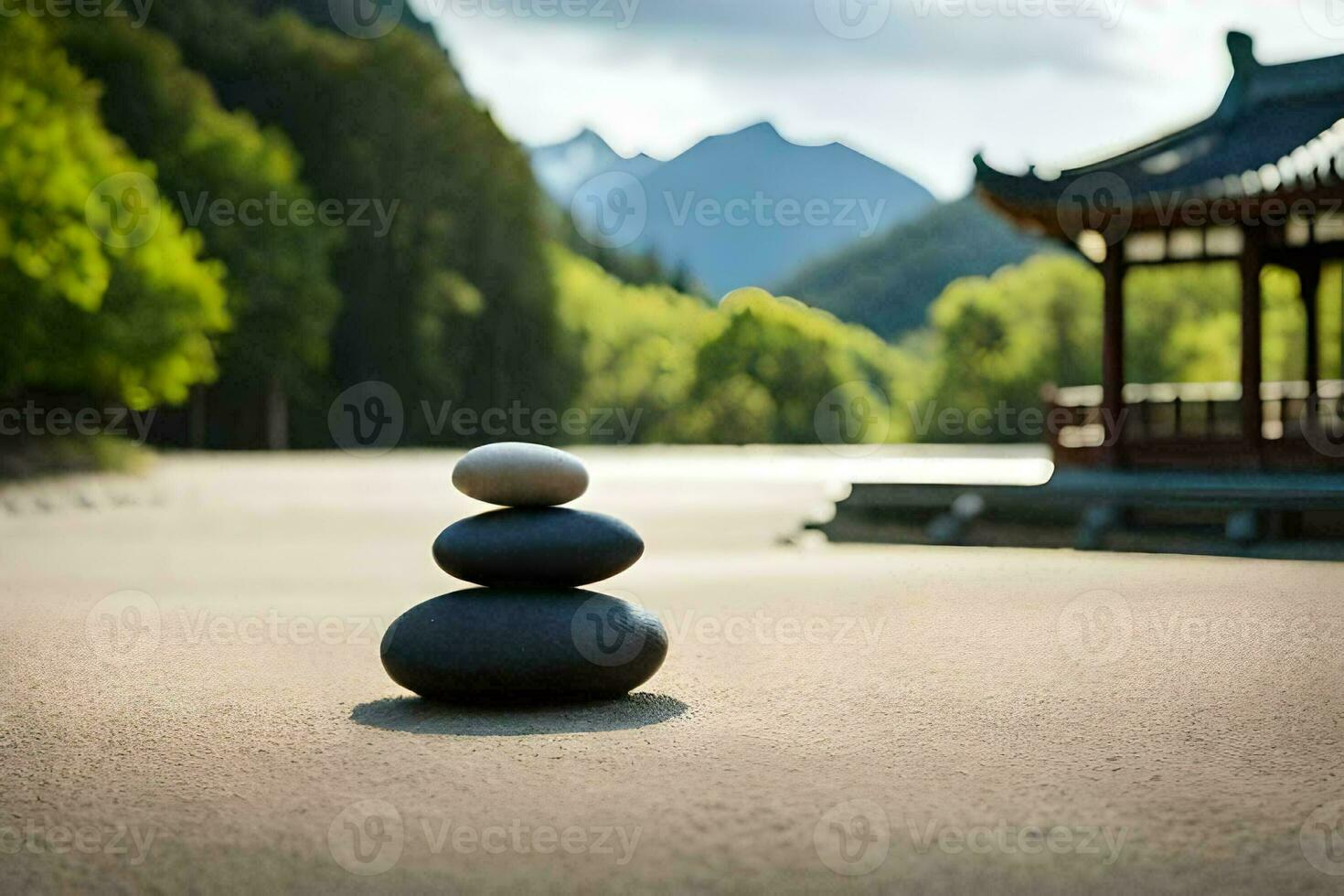 a stack of stones in front of a pagoda. AI-Generated photo