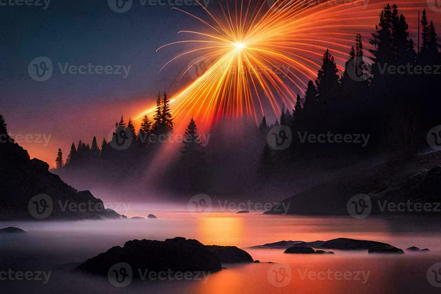 fireworks over a lake with trees and rocks. AI-Generated photo