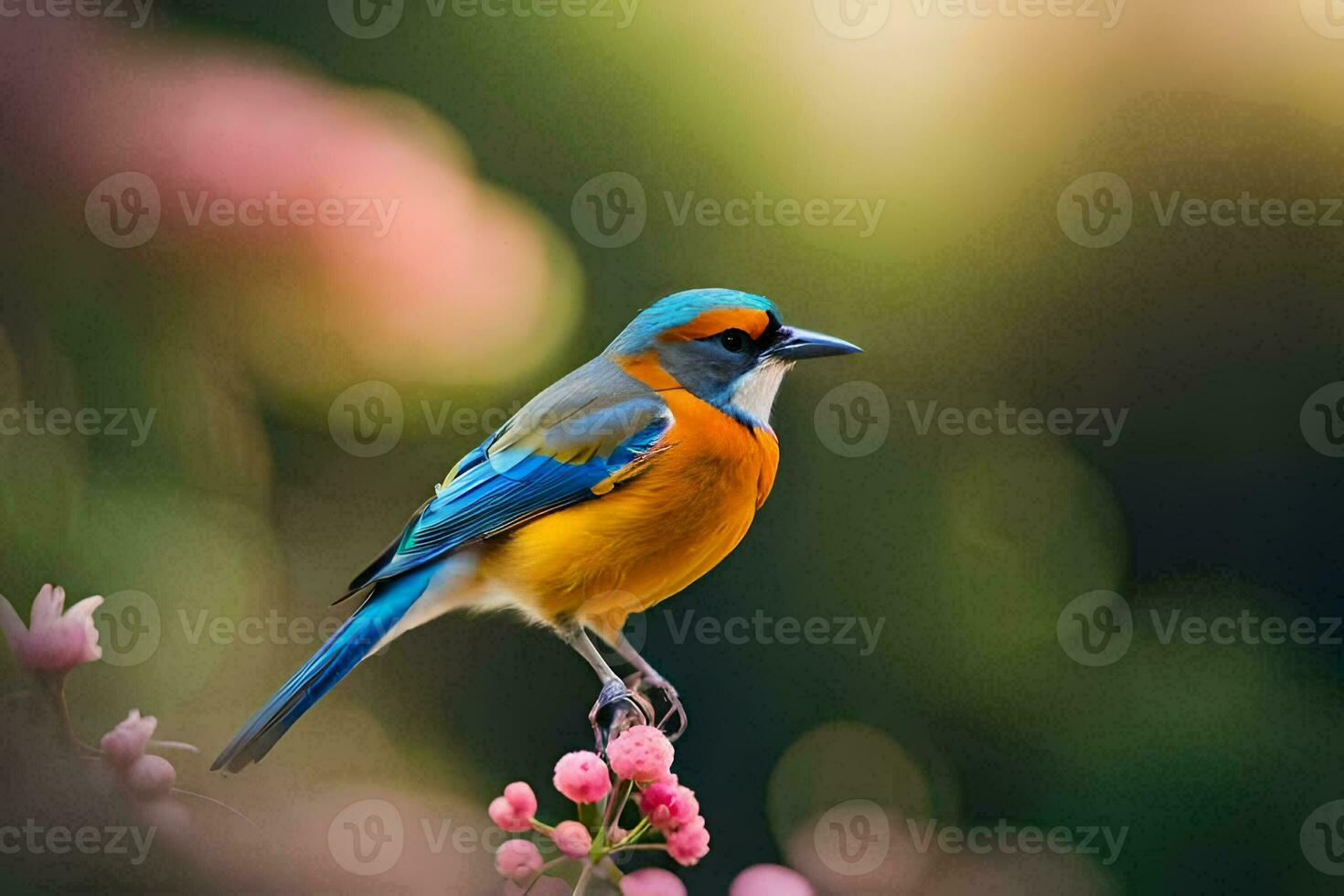 a colorful bird sits on a branch with pink flowers. AI-Generated photo