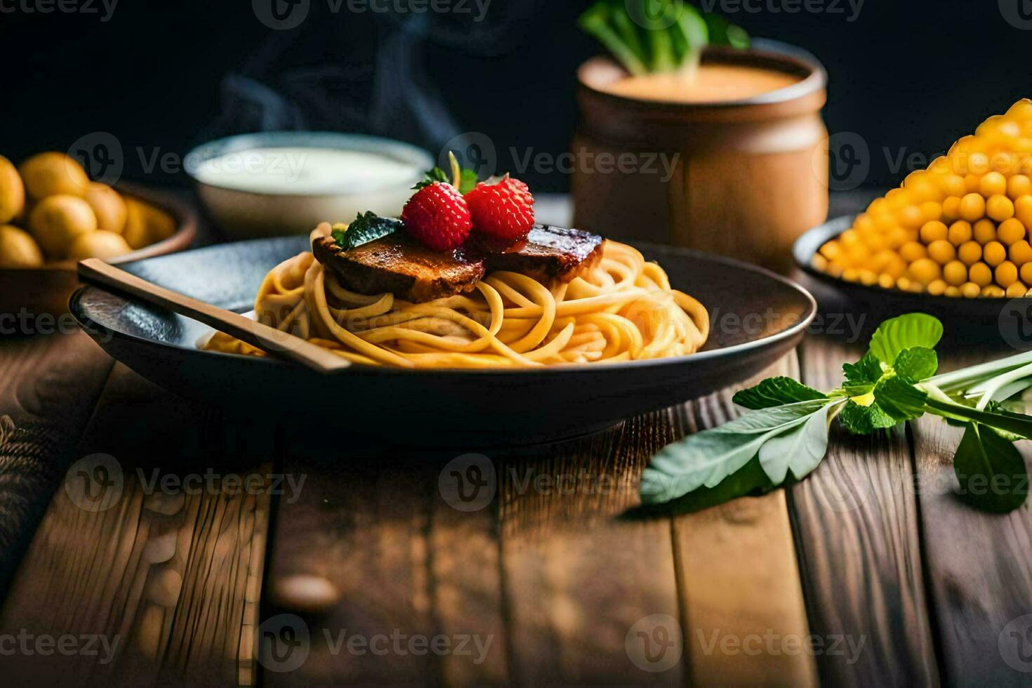 spaghetti with meat, tomatoes and cheese on a wooden table. AI-Generated photo