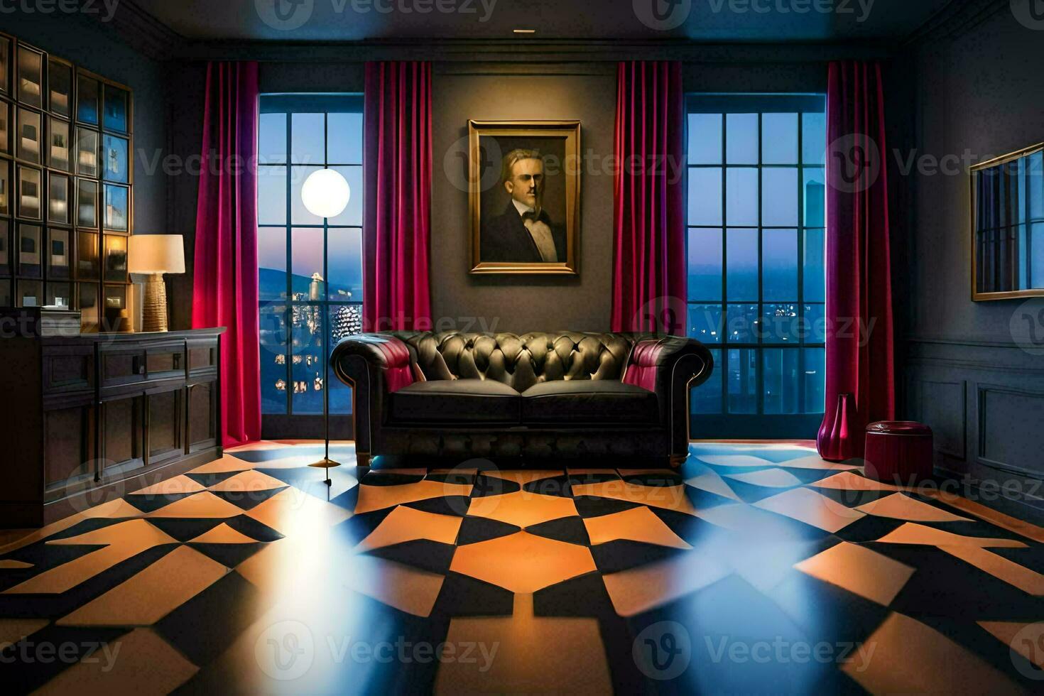 a room with a black and white checkered floor and a black leather couch. AI-Generated photo