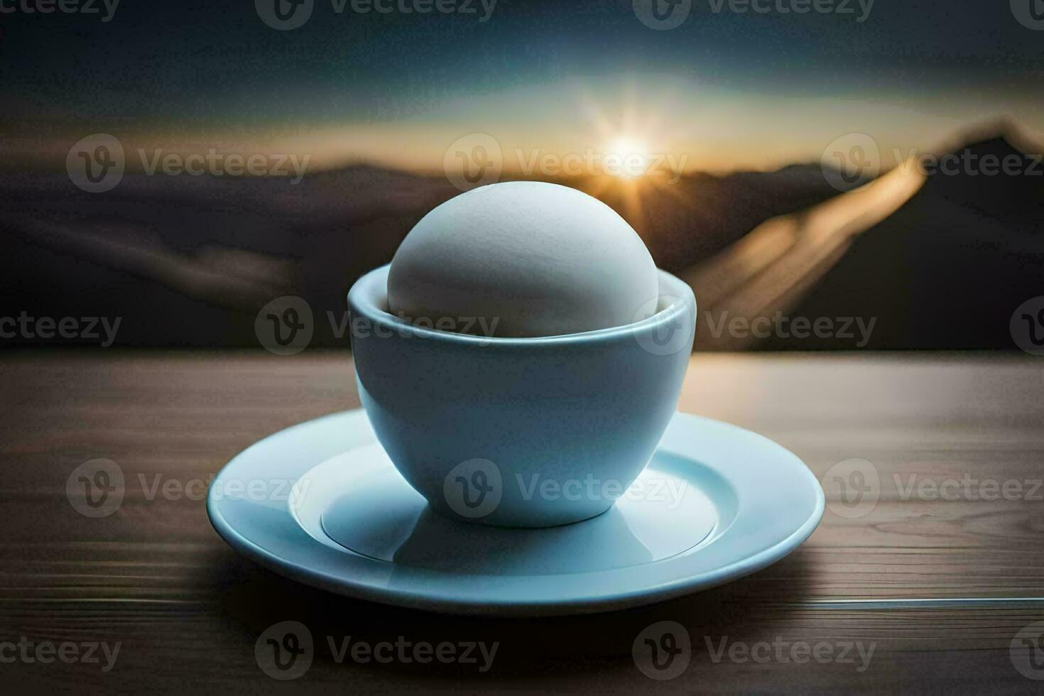 an egg in a cup on a table with the sun in the background. AI-Generated photo