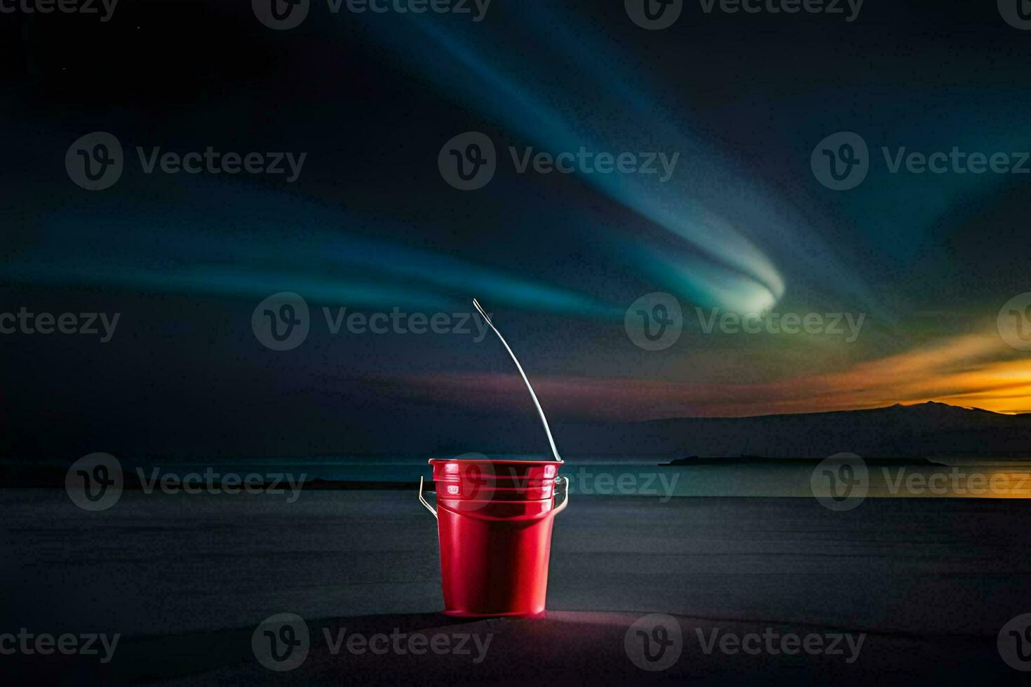 a bucket with a red lid sitting on the ground. AI-Generated photo