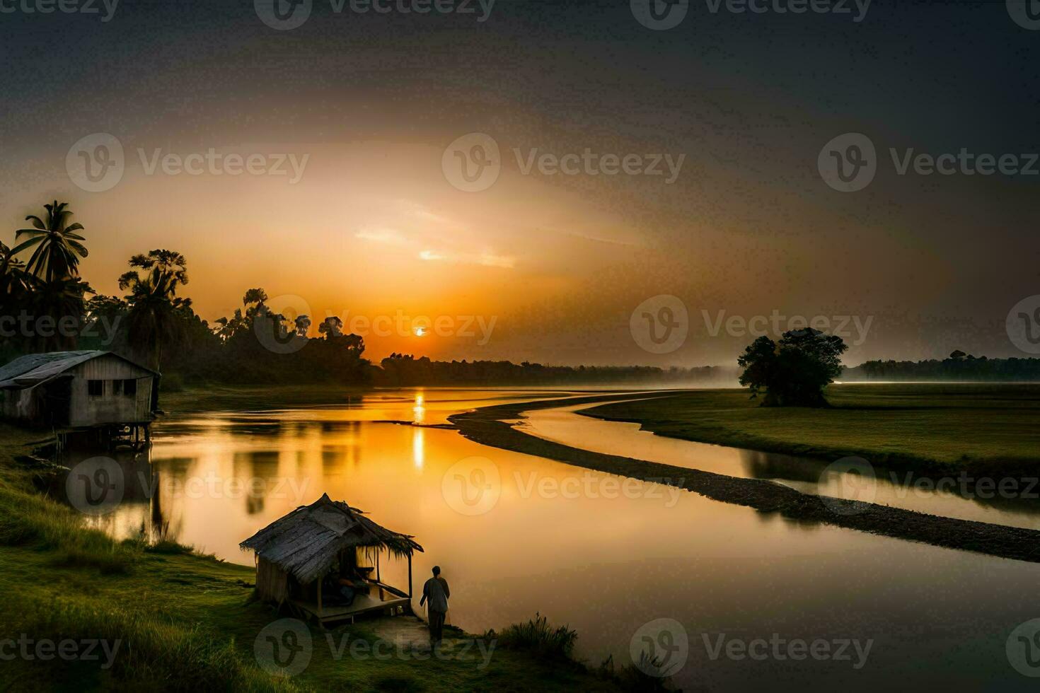 the sun sets over a river and a small house. AI-Generated photo