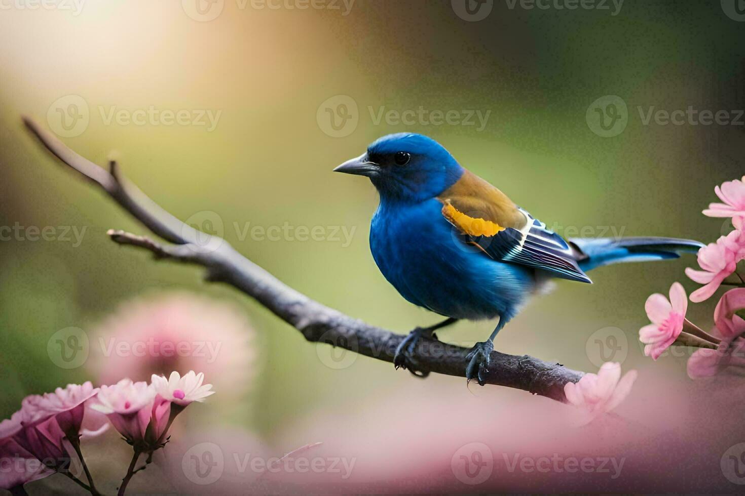 a blue bird sits on a branch with pink flowers. AI-Generated photo