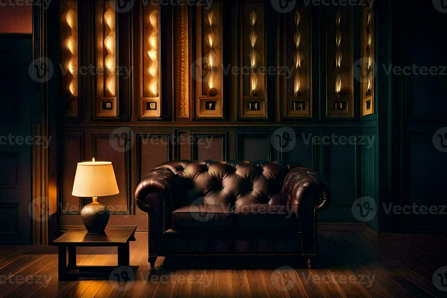 a dark room with a leather chair and lamp. AI-Generated photo