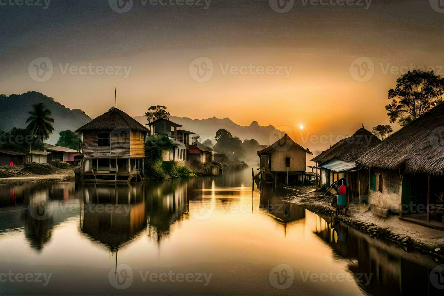 a river in the middle of a village at sunset. AI-Generated photo
