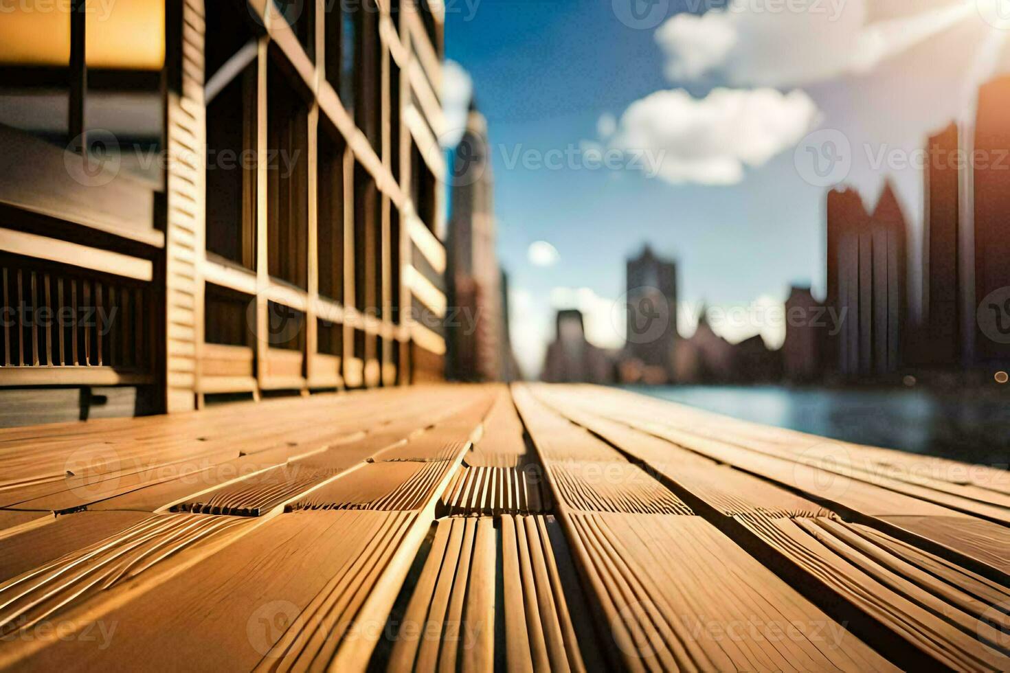 a wooden deck overlooking a city skyline. AI-Generated photo