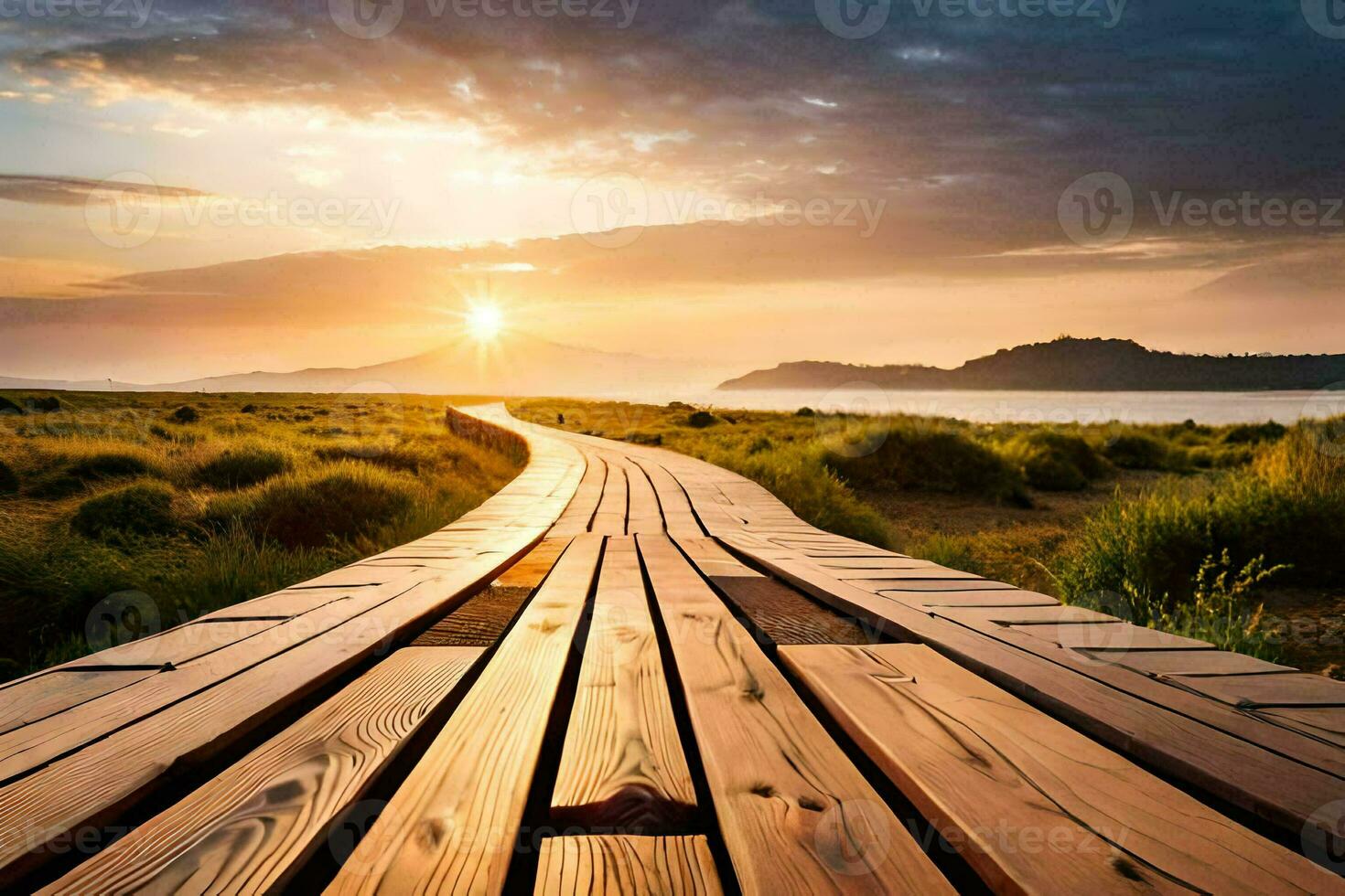a wooden walkway leads to the ocean at sunset. AI-Generated photo