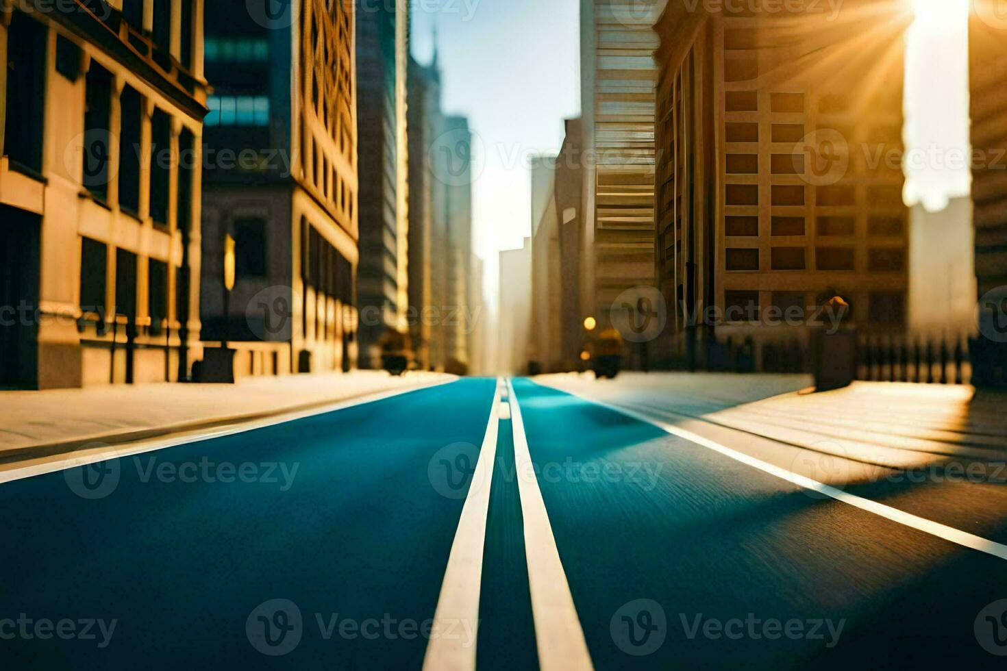 a city street with a car driving down it. AI-Generated photo