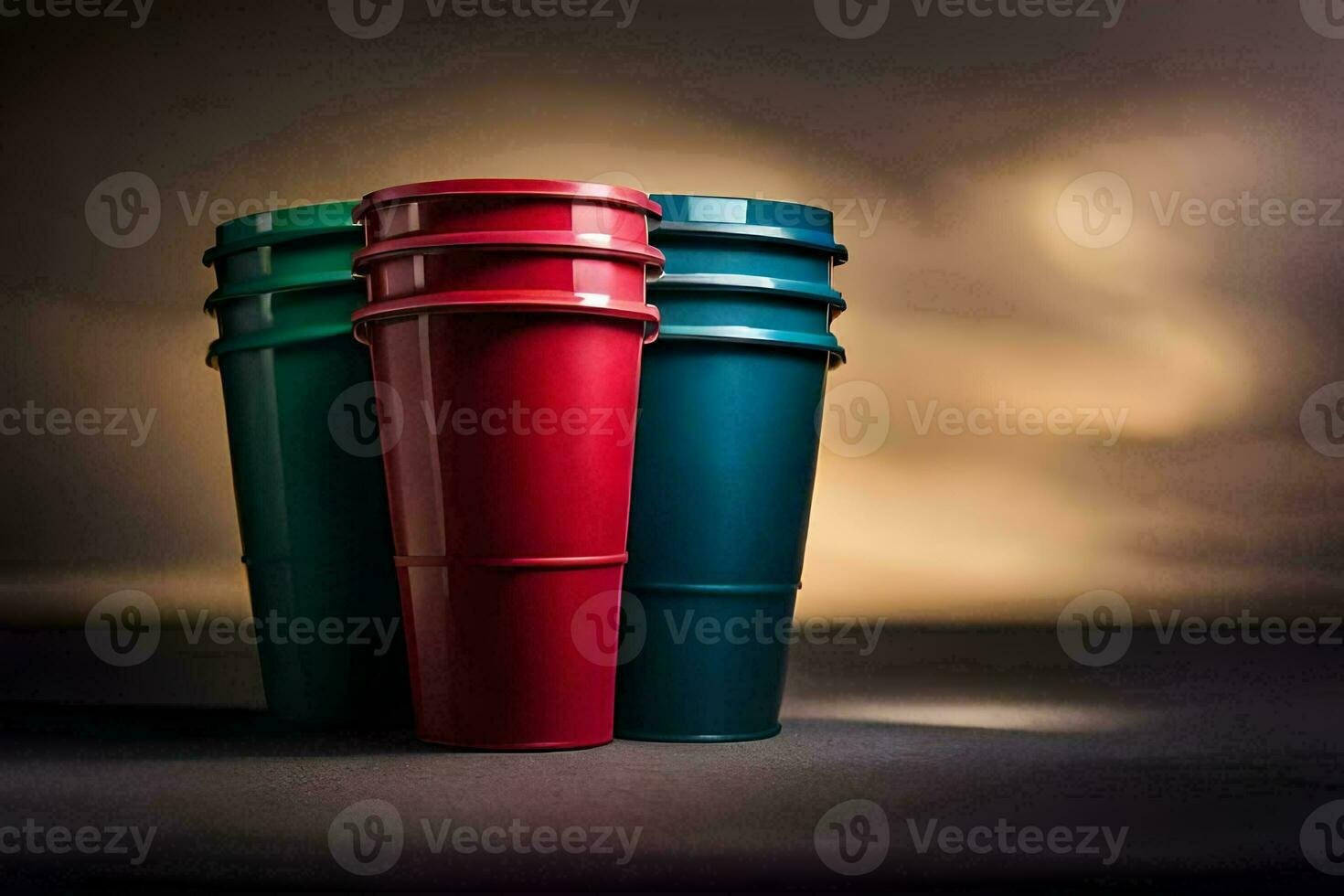 three red and green plastic cups on a dark background. AI-Generated photo