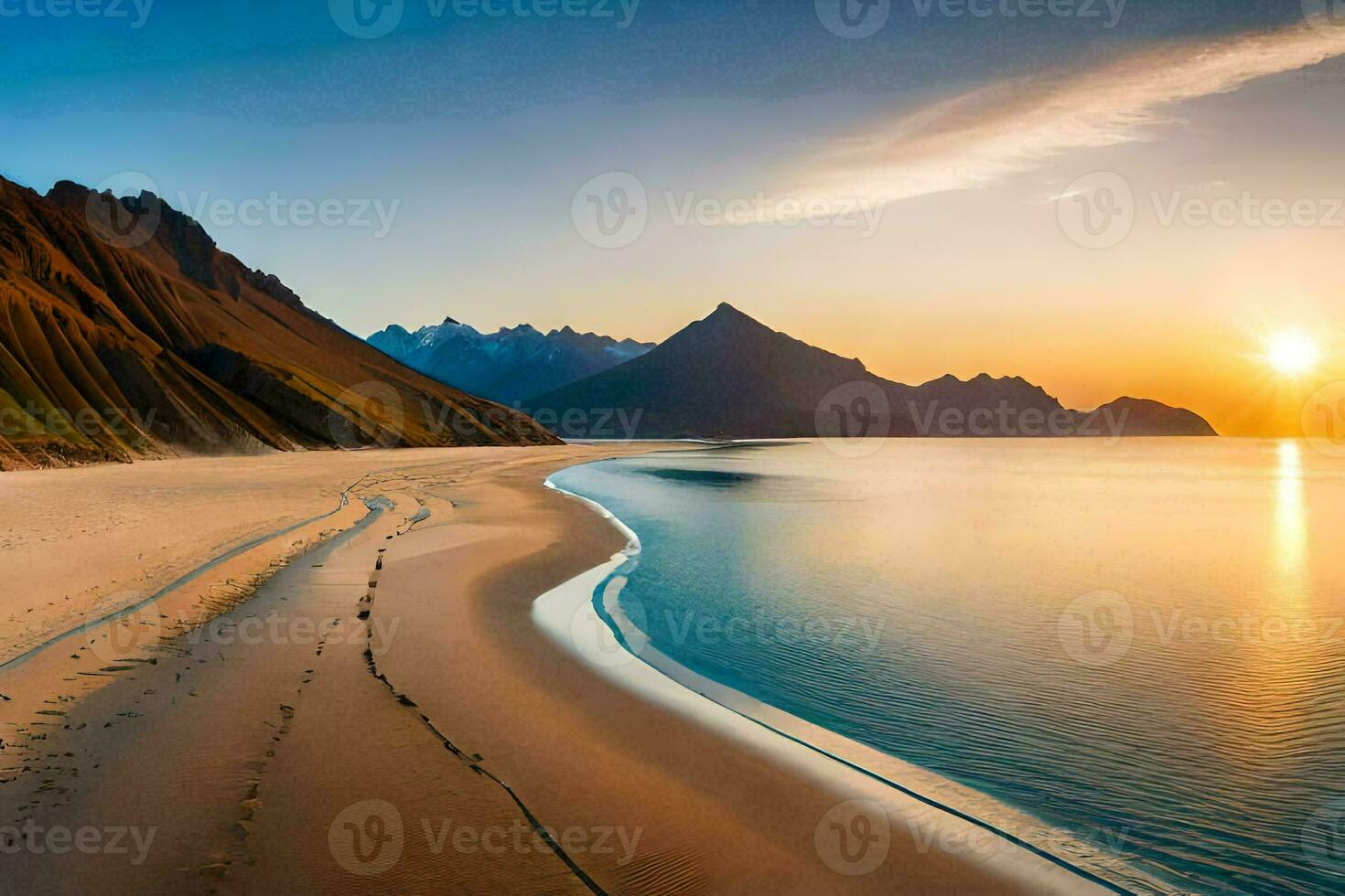the sun sets over a beach and mountains. AI-Generated photo