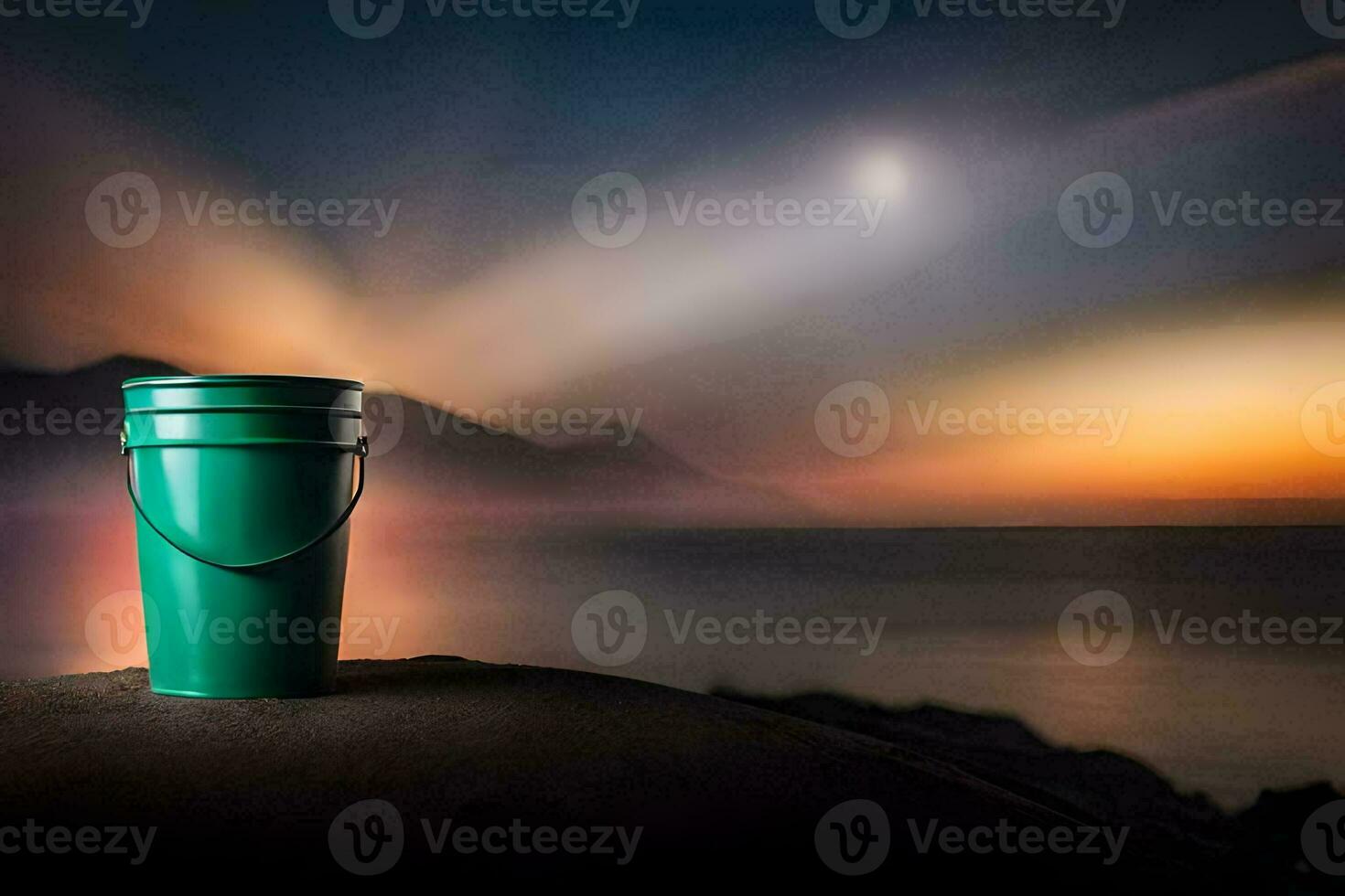 a green bucket sitting on a rock overlooking the ocean. AI-Generated photo