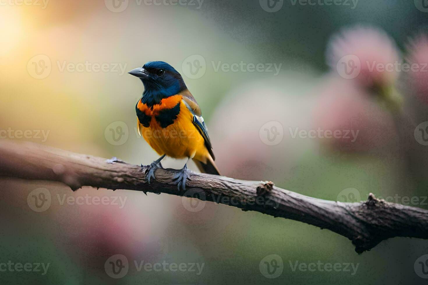 un vistoso pájaro se sienta en un rama. generado por ai foto