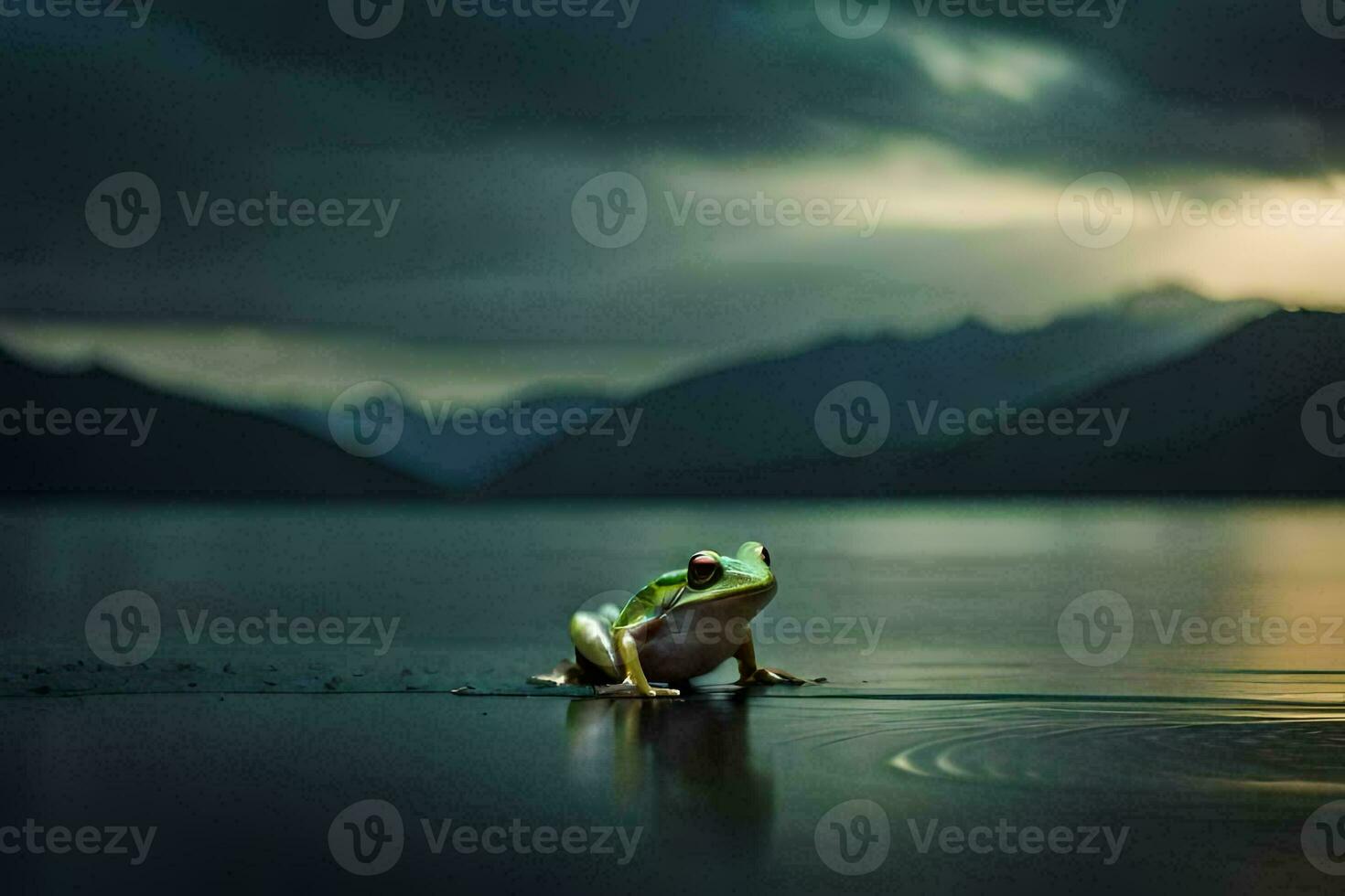 a frog sitting on the edge of a lake in front of mountains. AI-Generated photo