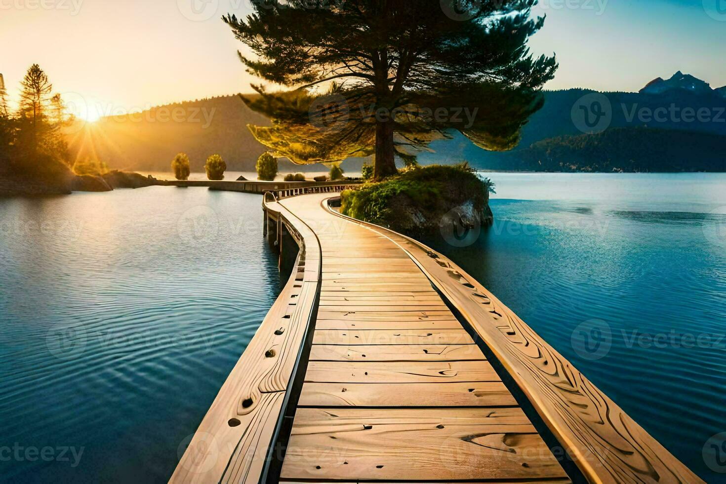 a wooden bridge leads to a lake at sunset. AI-Generated photo