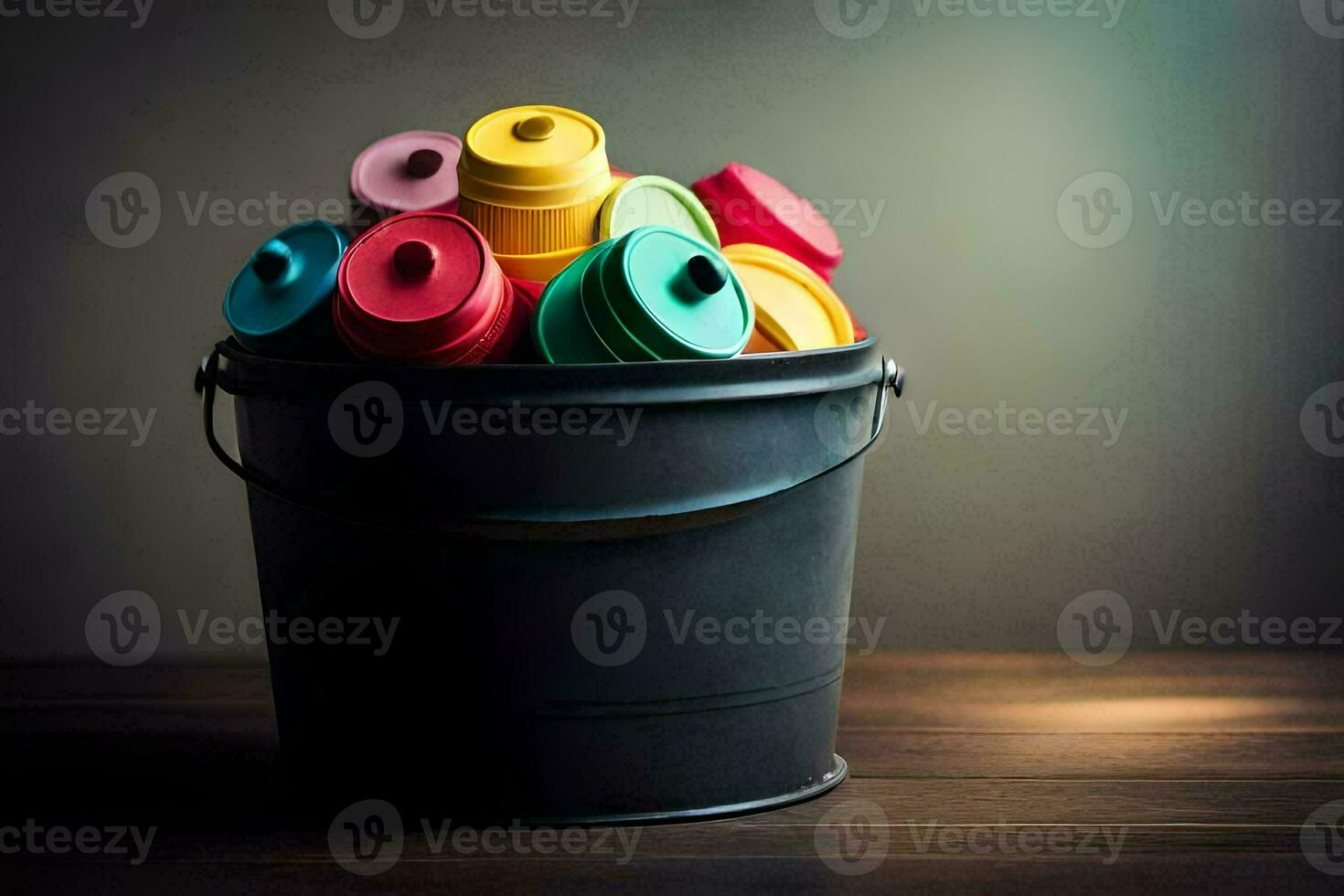 a bucket filled with colorful plastic toys. AI-Generated photo