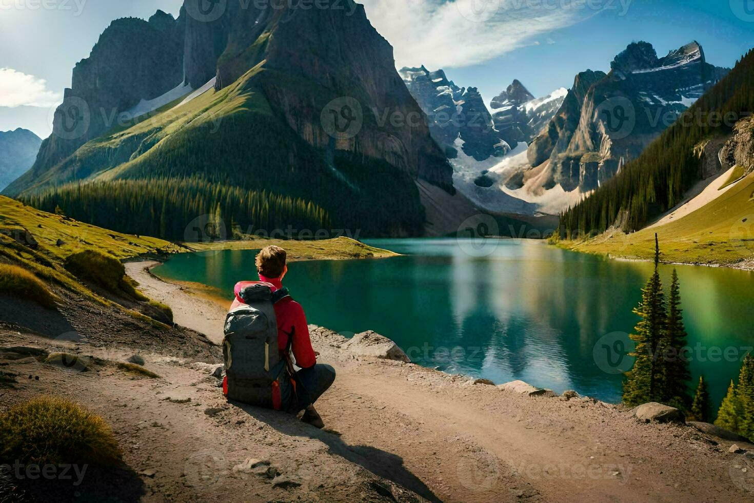 a man with a backpack sits on the edge of a lake in the mountains. AI-Generated photo