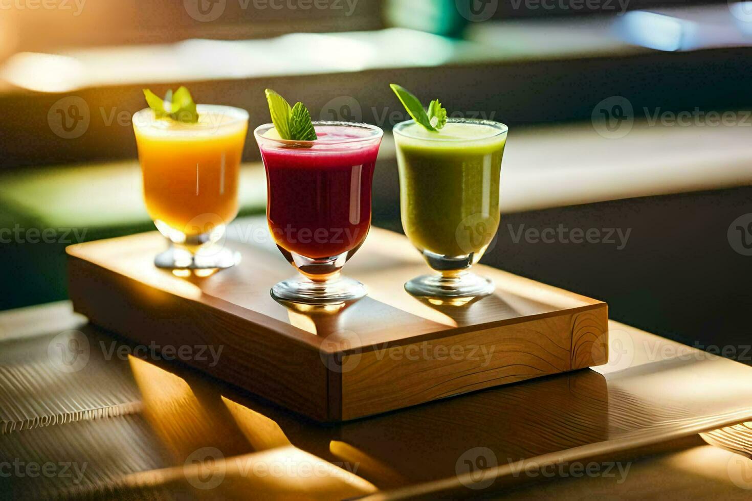 three different drinks on a wooden tray. AI-Generated photo