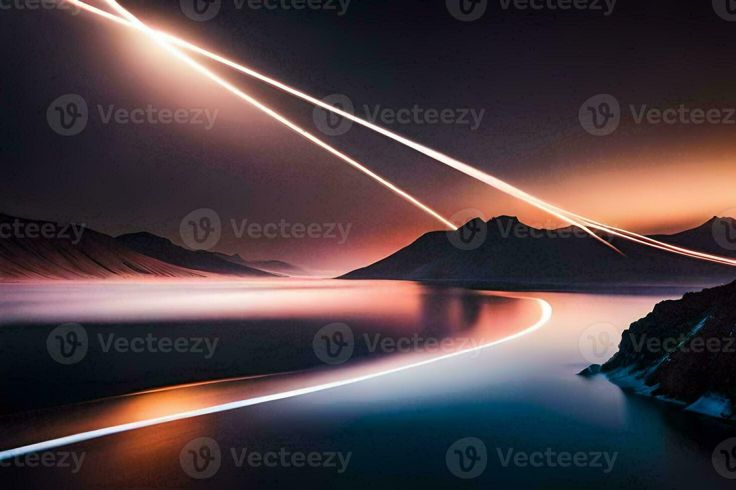 a long exposure photograph of a mountain range and water. AI-Generated photo