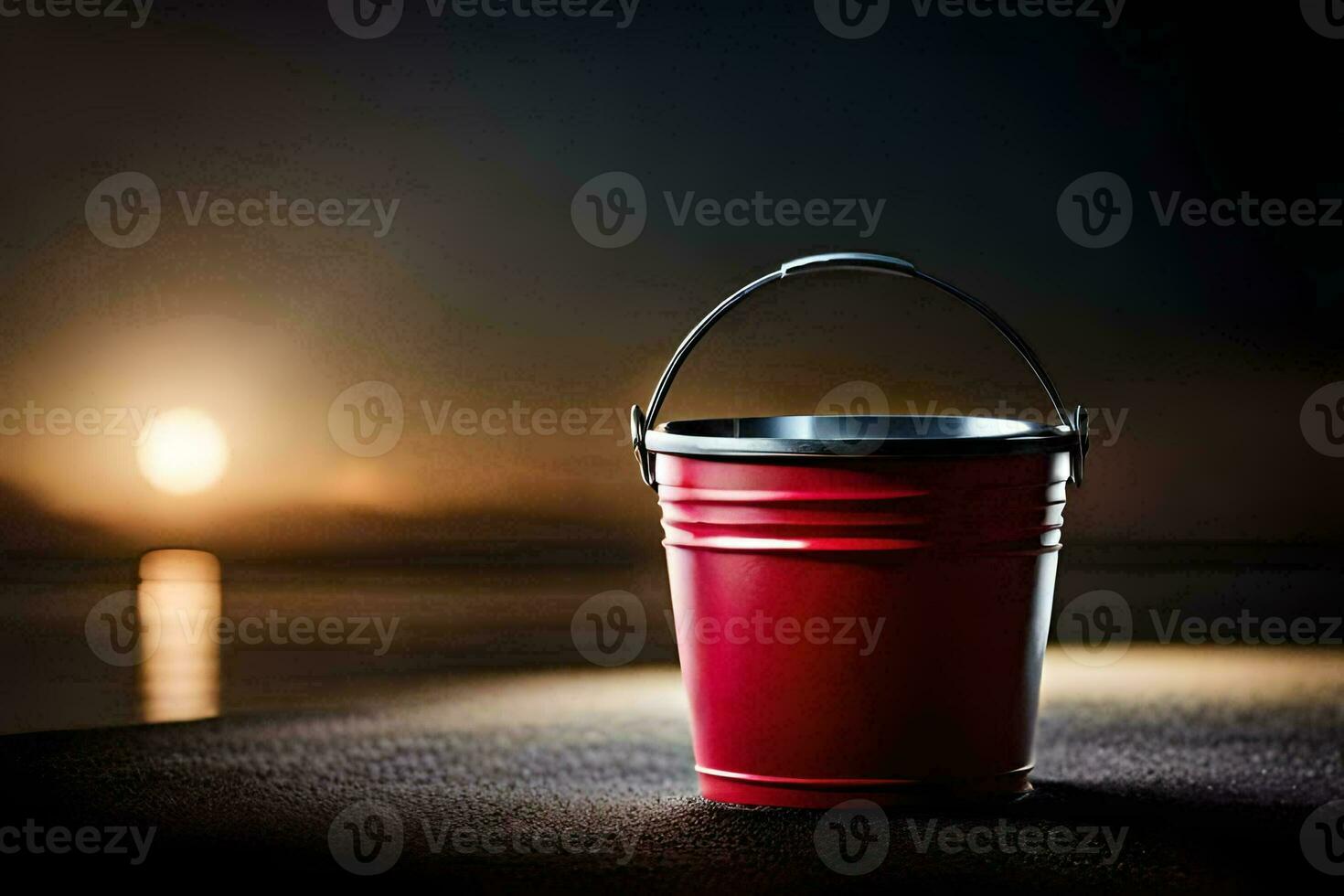 un rojo Cubeta sentado en el playa a noche. generado por ai foto