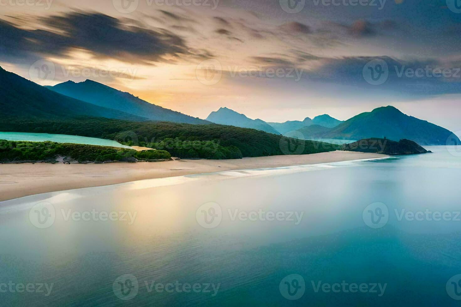 a beautiful beach and mountains at sunset. AI-Generated photo