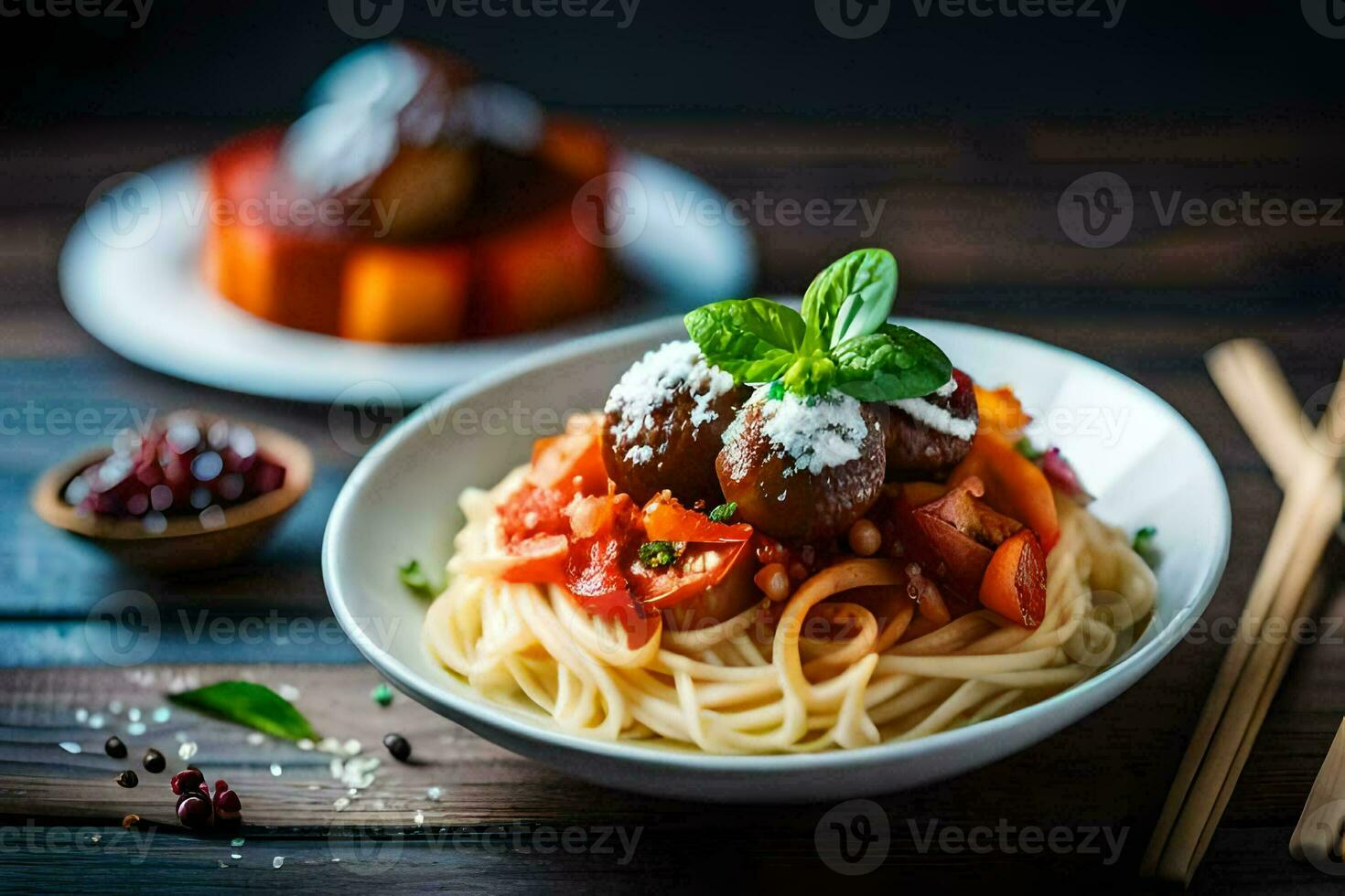 spaghetti with meatballs and tomato sauce on a wooden table. AI-Generated photo
