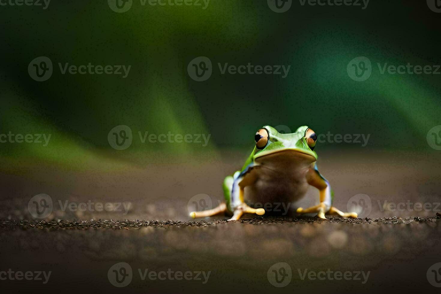 a frog sitting on the ground with a blurry background. AI-Generated photo