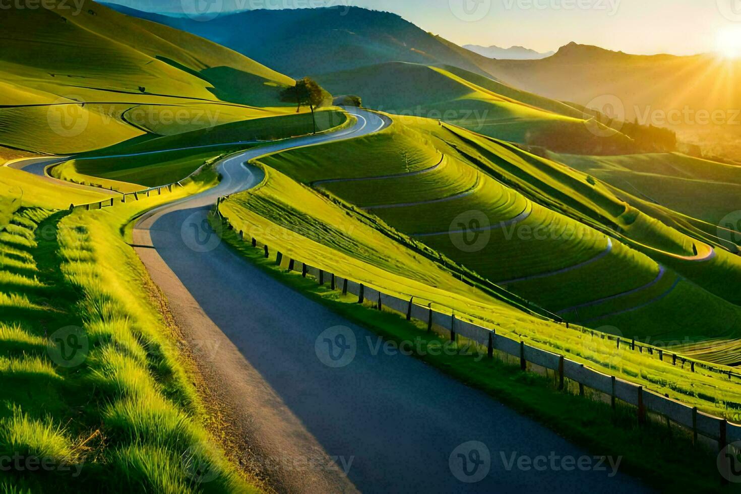 the sun is setting over a winding road in the mountains. AI-Generated photo