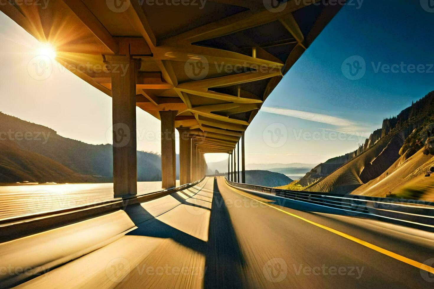 a highway under a bridge with the sun shining. AI-Generated photo