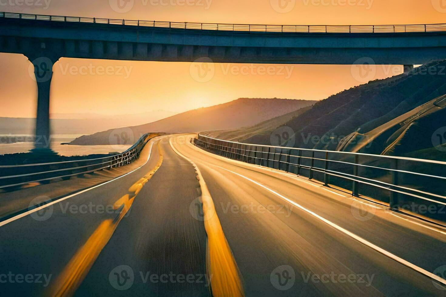 a highway with a bridge at sunset. AI-Generated photo